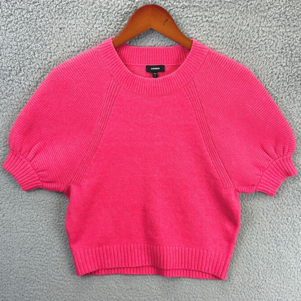 Express Puff Sleeve Cropped Pullover Sweater Womens S Hot Pink Ribbed Knit
